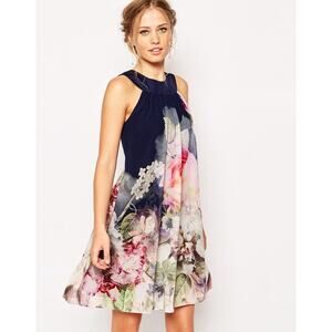 TED BAKER Pure Peony rose floral print halter pleat A-line flare skirt dress 2